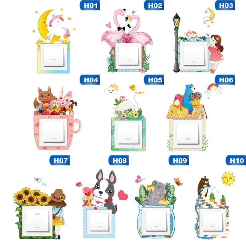 Wallsticker dyr enhjørning flamingo cover tegneserie værelse indretning 3d væg silikone tænd-sluk-kontakt lysende lyskontakt udtag