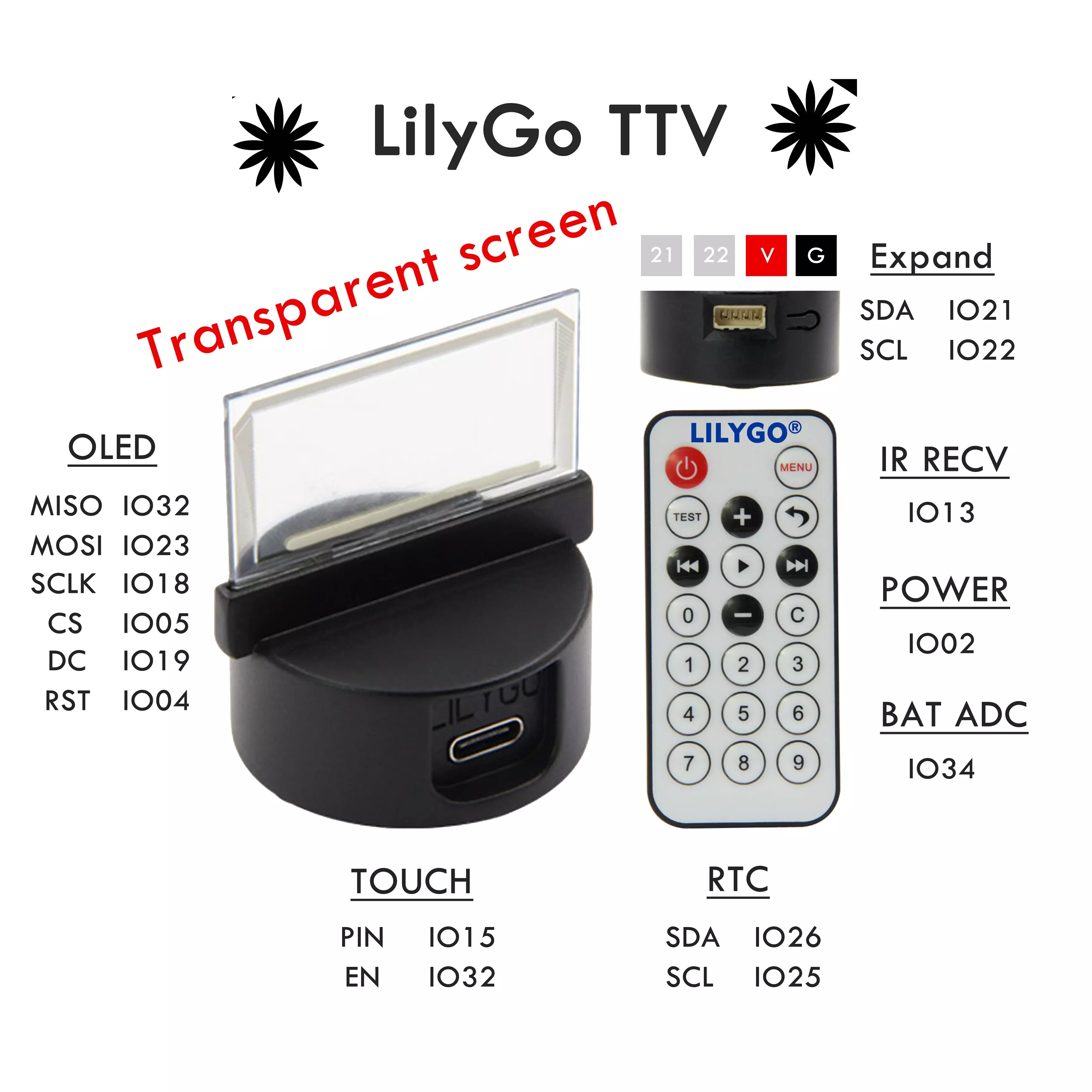 LILYGO TTV transparent screen OLED infrared remote control programmable mini TV ESP32 for Arduino micropython programming