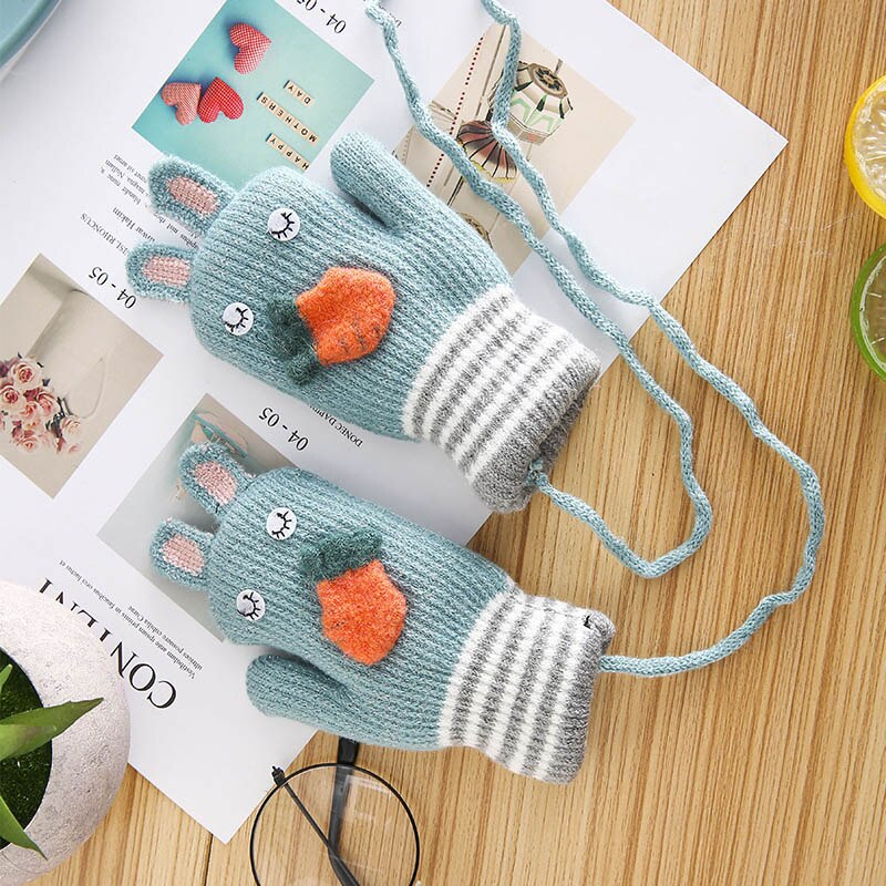 Cartoon Bunny Warme Baby Handschuhe Winter Kinder Kleinkind Baby Fäustlinge gestrickte Dicke Mädchen Jungen Nette Karotte Volle Finger Handschuhe: cyan