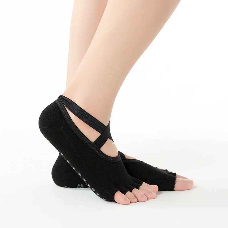 Mkeps Yoga Sokken Vrouwen Cushioned Gewatteerde Anti-Slip Grips &amp; Bandjes Toeless Halve Teen Sokken Voor Yoga Ballet pilates Dans Barre: Toeless Black