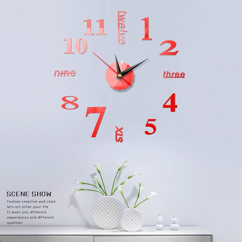 Horloge murale adhésive moderne à monter soi-même, 3d autocollants décoratifs, mécanisme d'horloge, décoration de pièce, multicolore en option: Rouge