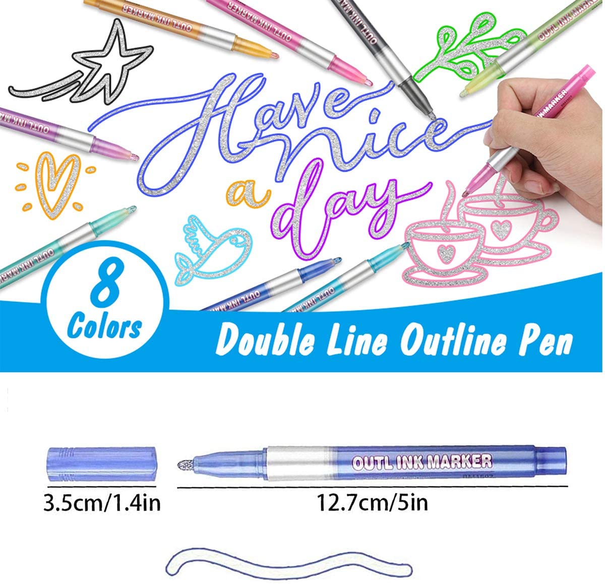 Outline Marker Pens, 8 Colors Doodle Dazzle Marker Pen Sel-outline Metallic Marker for Art, Drawing, Card Making, Easter Egg