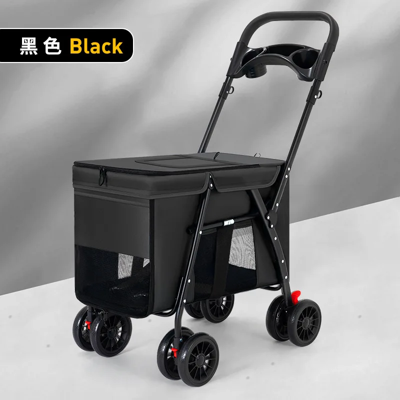 Leve e dobrável Pet Stroller, carrinho de cachorro pequeno, Cat Teddy, uso ao ar livre, tamanho médio a grande: Preto