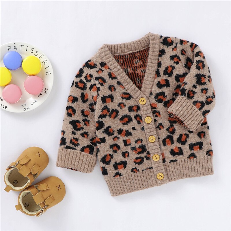Baby Girl Sweater Leopard Print Coat V-neck Single Breasted Knitted Cardigan Tops Kids Casual Tops Autumn Winter Girls Sweaters