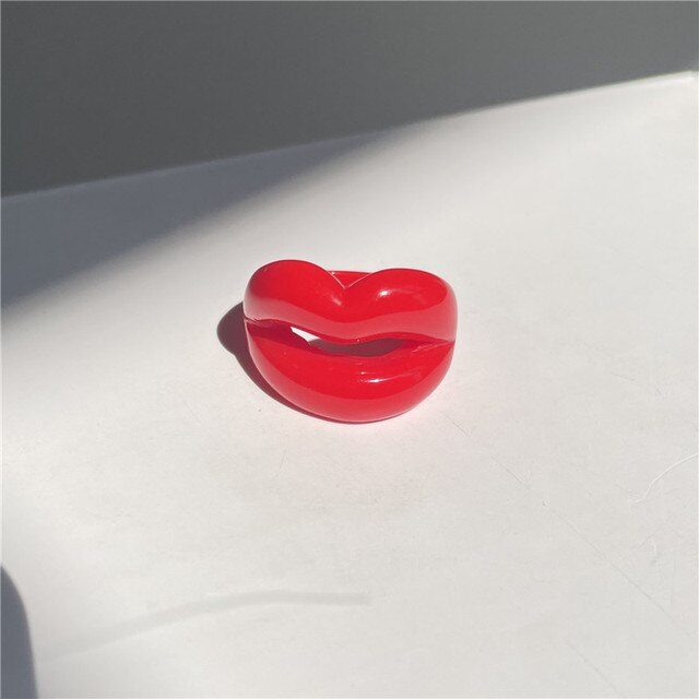 Summer Trendy Punk Red Lips Shape Resin Finger Rings Mouth Lip Acrylic Colorful Ring for Women Girls Jewelry HUANZHI: A