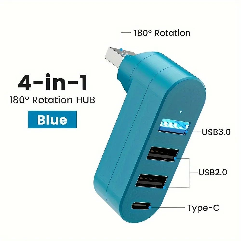 Hub USB 3.0 a 4 porte 90 ° 180 ° Trasferimento dati di alimentazione USB A 1 USB C ruotabile per laptop, auto, iMac, MacBook Air Pro, PC Adapte: Giallo