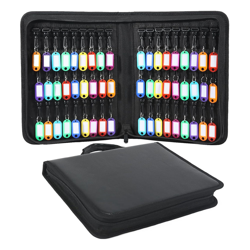B84B-funda para llaves con cremallera y asa, organizador de llaves portátil impermeable e ignífugo con 54 ganchos y etiquetas, carpeta para llaves