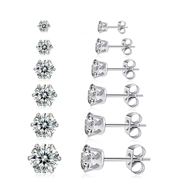 ZMZY-pendientes de broche para boda para hombre y mujer, piedra AAA CZ brillante, accesorios de joyería de cristal, acero inoxidable, 6 pares por paquete: Plateado de plata