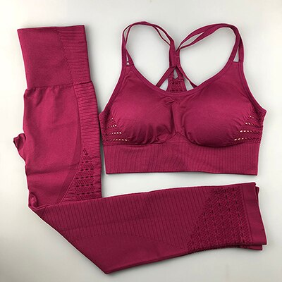 Seamless Yoga Set Women Fitness Clothing Sportswear Woman Gym Leggings Padded Push-up Strappy Sports Bra 2 Pcs Sports Suits: red / S