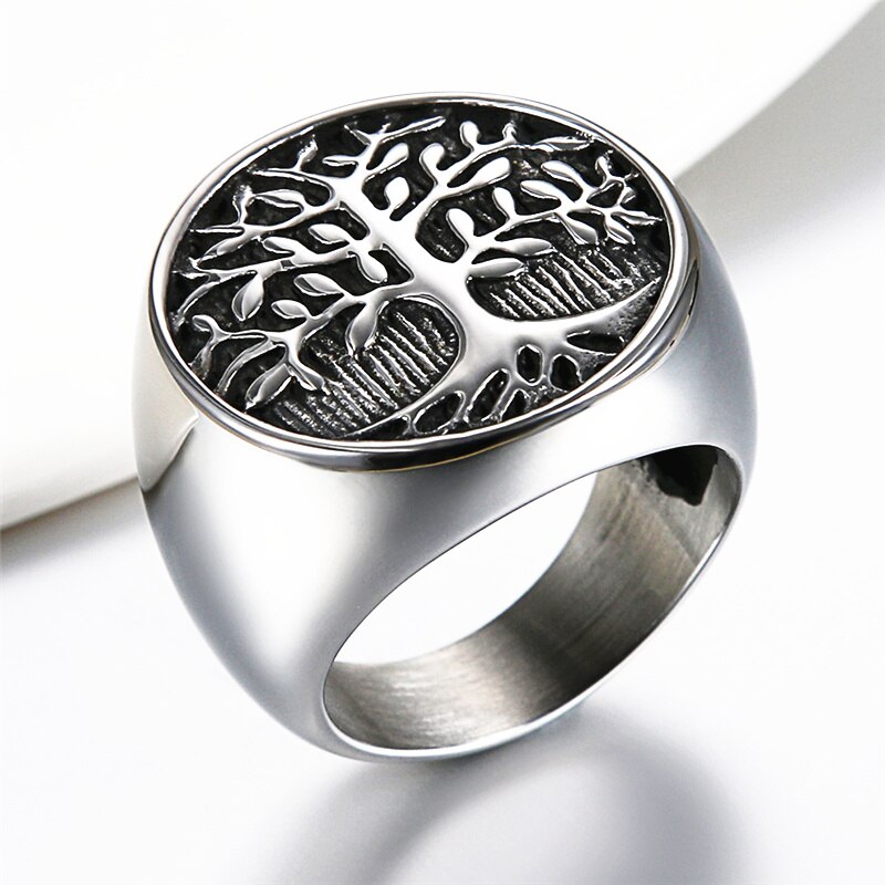 Boniskiss Punk Men Silver Color Tree Of Life Ring Casting Stainless Steel Life Tree Rings For Men Ring Jewelry Bague Homme