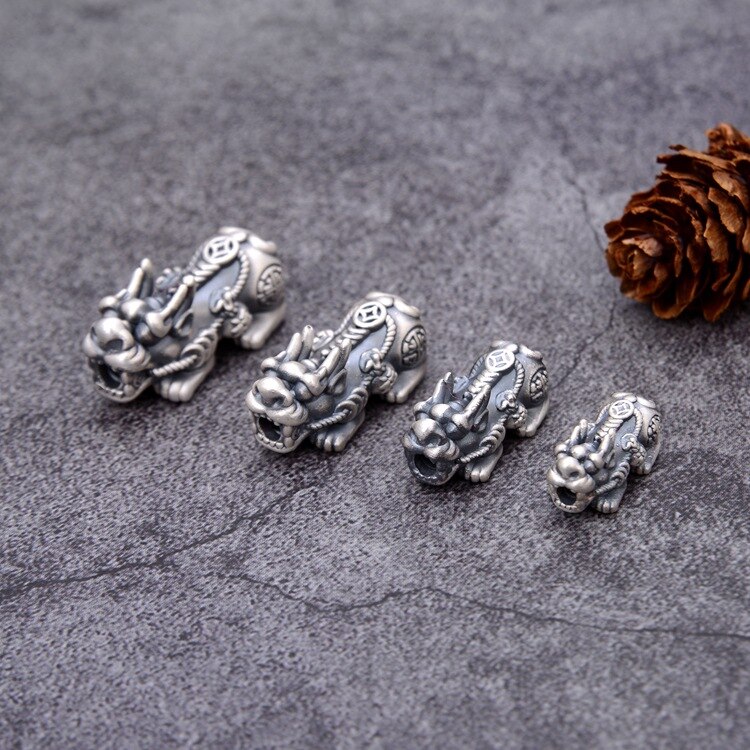 100% 3D 999 Silver Pixiu Beads Vintage Pure Silver Good Luck Fengshui Piyao Jewelry Beads Wealth Pixiu Beads DIY Bracelet