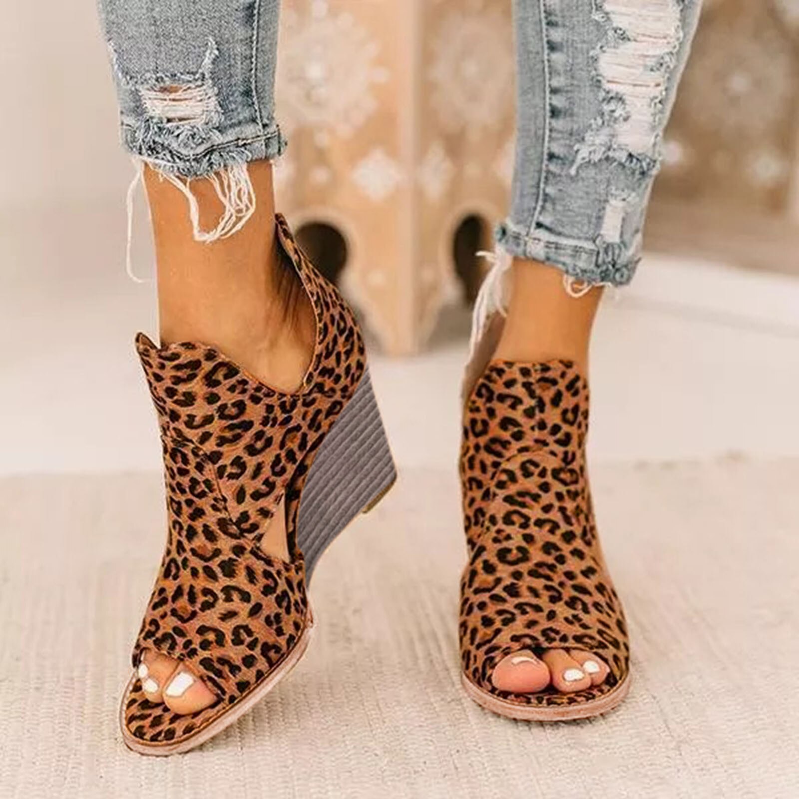 Supérieure Léopard Confortable Bohème Compensées Femmes Sandales Pour Dames Chaussures Haute Plate-Forme À Bout Ouvert Grande Taille