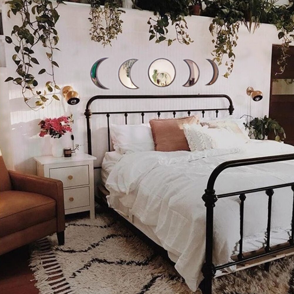 5pcs Ornament DIY Wooden Frame Wall Mirror Office Living Room Home Decor Shatterproof Nursery Bedroom Moon Phase Apartment