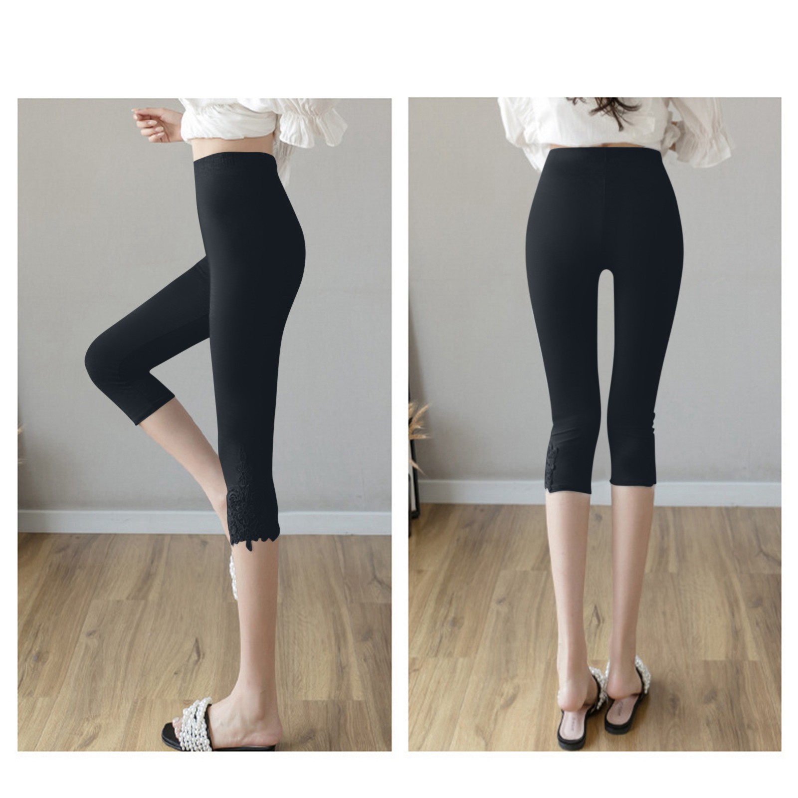 Damen Sommer Spitze Leggings - 3/4 Länge Crop Caprihosen - Hoher Spandex Fitness Hosen