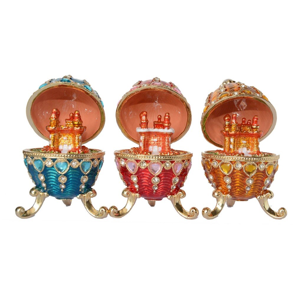 Russisk håndverk rhinestone påskeegg m slott bejeweled krystall smykkeskrin metall smykkeskrin jul/bursdag