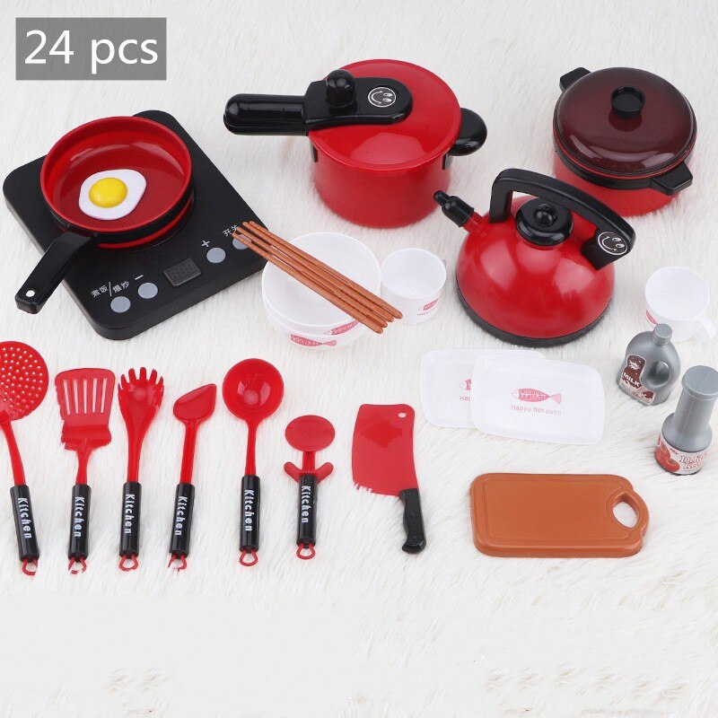 Zabawki kuchenne dla dzieci symulacja naczynia kuchenne jedzenie garnek Pan dzieci udawaj zagraj w zestaw kuchenny zabawki dla dziewczynek lalka jedzenie: 24pcs Red