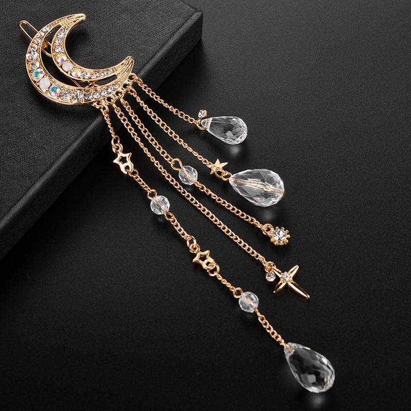 Moon Rhinestone Hair Clip - Crystal Tassel Chain Hairpin - Metal Pearl Hair Jewelry Accessory