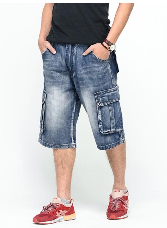 Mænd løse baggy denim shorts mænd jeans streetwear lange 3/4 capri cargo shorts lomme bermuda mandlige multi-lomme denim shorts