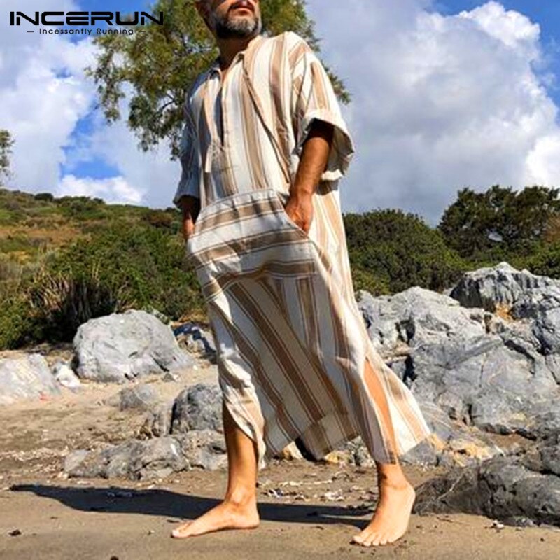 Incerun heren islamitische jubba thobe gestreepte vetersluiting losse lange mouwen gewaad zakken midden-oosten dubai kaftan heren islamitische arabische kaftan