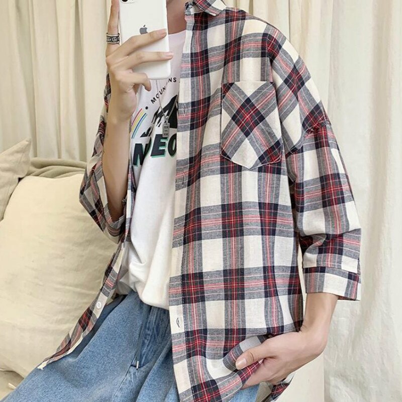 Harajuku-camisas a cuadros para hombre, ropa de calle masculina, sencilla, informal, holgada, de tres cuartos, combina con todo, estilo coreano