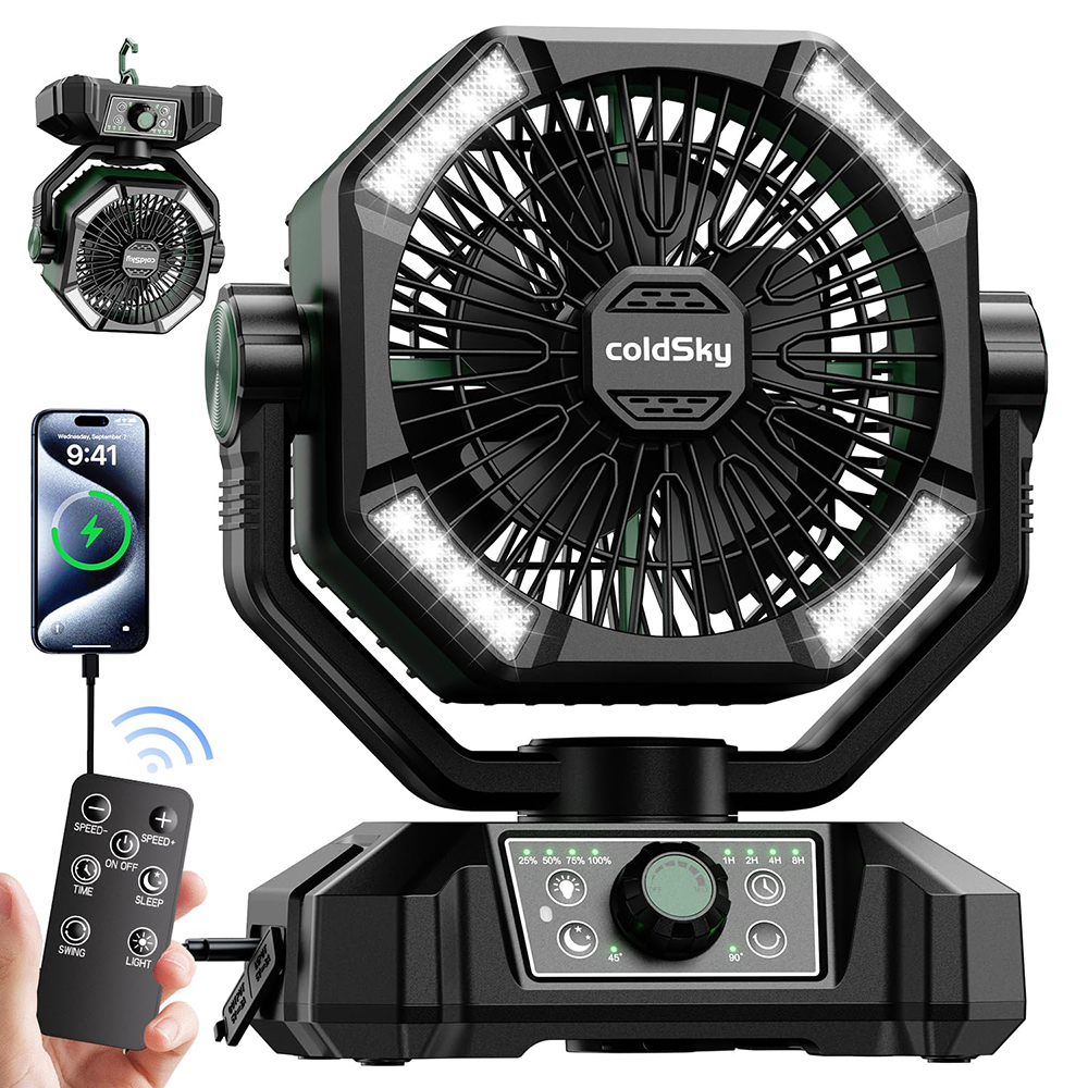 ColdSky-ventilador de Camping con batería de 20000mAh, linterna de 4 LED, ventilador de escritorio de 8 velocidades, ventilador portátil para exteriores para tienda de campaña, canciones de trabajo