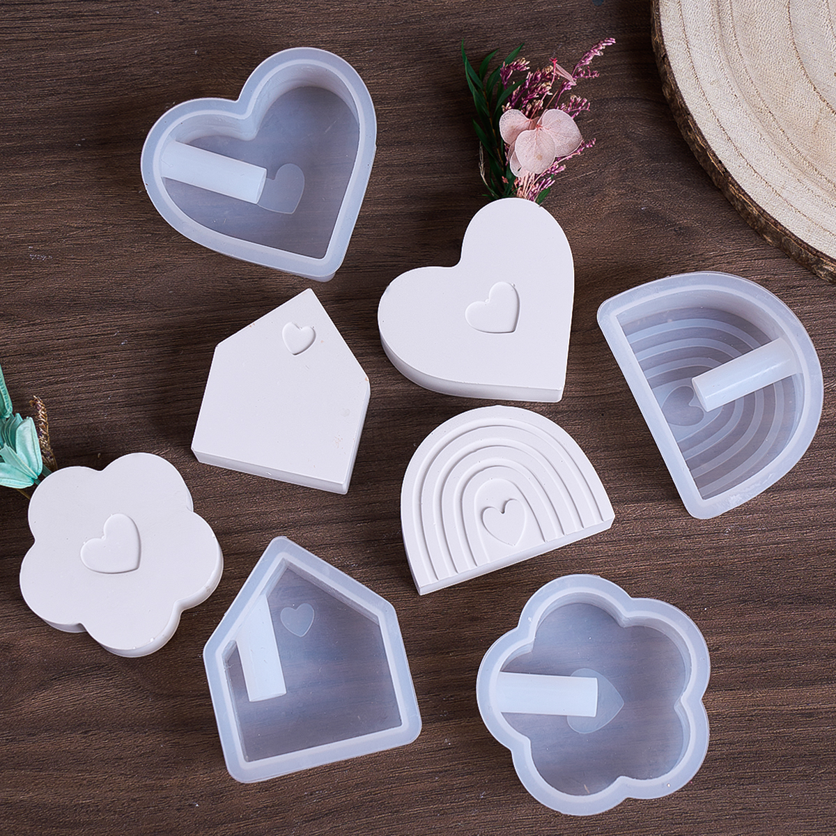 Jarrón de inserción, adorno de yeso, molde de silicona DIY, casa pequeña, corazón de arcoíris, flor, macetas, molde para manualidades de yeso, decoración del hogar