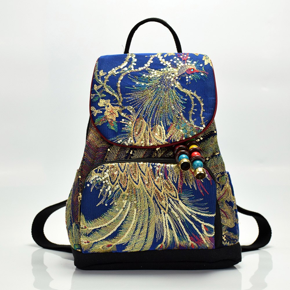 Veowalk phoenix mochilas femininas bordadas de seda, mochilas retrô de verão, mochila feminina traseira artesanal pequena: Azul