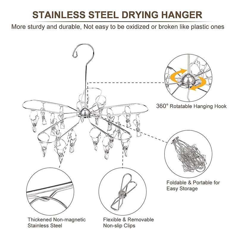 XD-Stainless Steel Foldable Clothes Drying Hanger,Laundry Drying Rack With 20 Clips,Hanger For Towels,Sock,Bra,Hat,Gloves