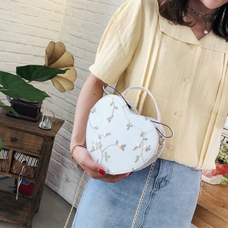 Bolso de hombro de encaje, bolsos de mujer de corazón de melocotón, bolso de mano de bordado, bolso Diagonal portátil para chica, bolso de cadena en forma de corazón para niña