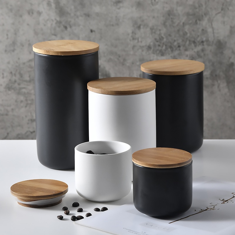 Lata de almacenamiento, recipiente de almacenamiento de utensilios de cerámica, recipiente de café de barro con tapa, tarros de almacenamiento para productos secos, accesorios de cocina