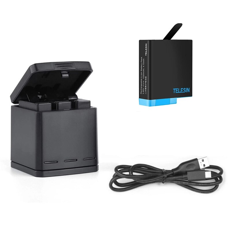 TELESIN – Pack de batteries + boîte de chargement de batterie à 3 fentes, câble USB type-c 2 en 1 pour GoPro Hero 8 7 6 5, accessoires d'appareil photo noir: 1Charger 1Battery