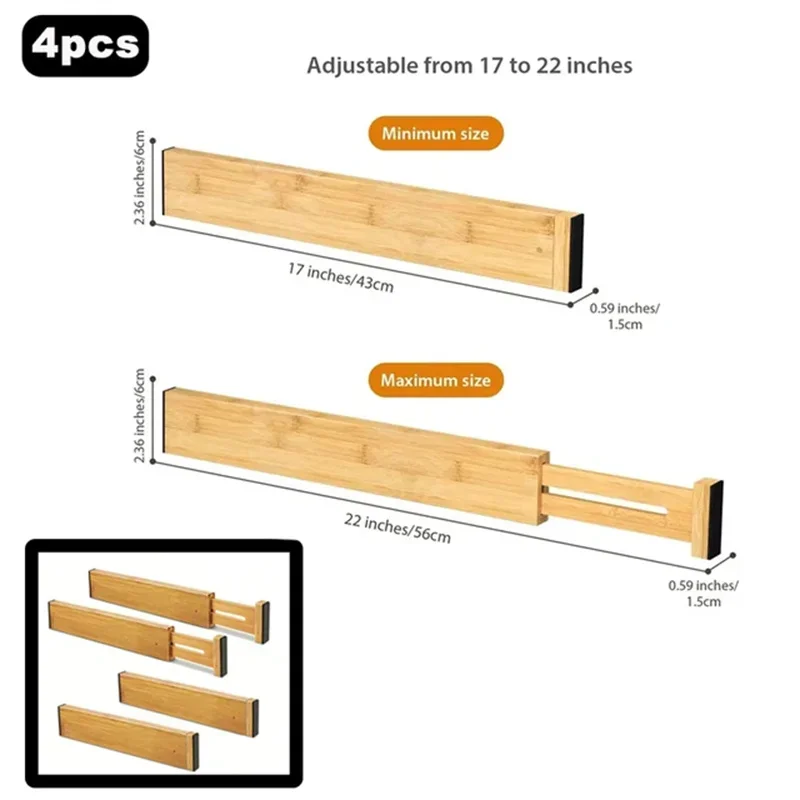 4 stuks bamboe keukenladeverdelers, verstelbare lade-organizers, veerbelast, werkt in keuken, dressoir, badkamer, slaapkamer, lade: Roze