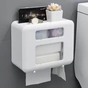 Suportes de papel higiénico à prova dwaterproof água wall-mounted portátil caixa de armazenamento de tecido suporte de papel do banheiro papel sem instalação de perfuração: WHITE