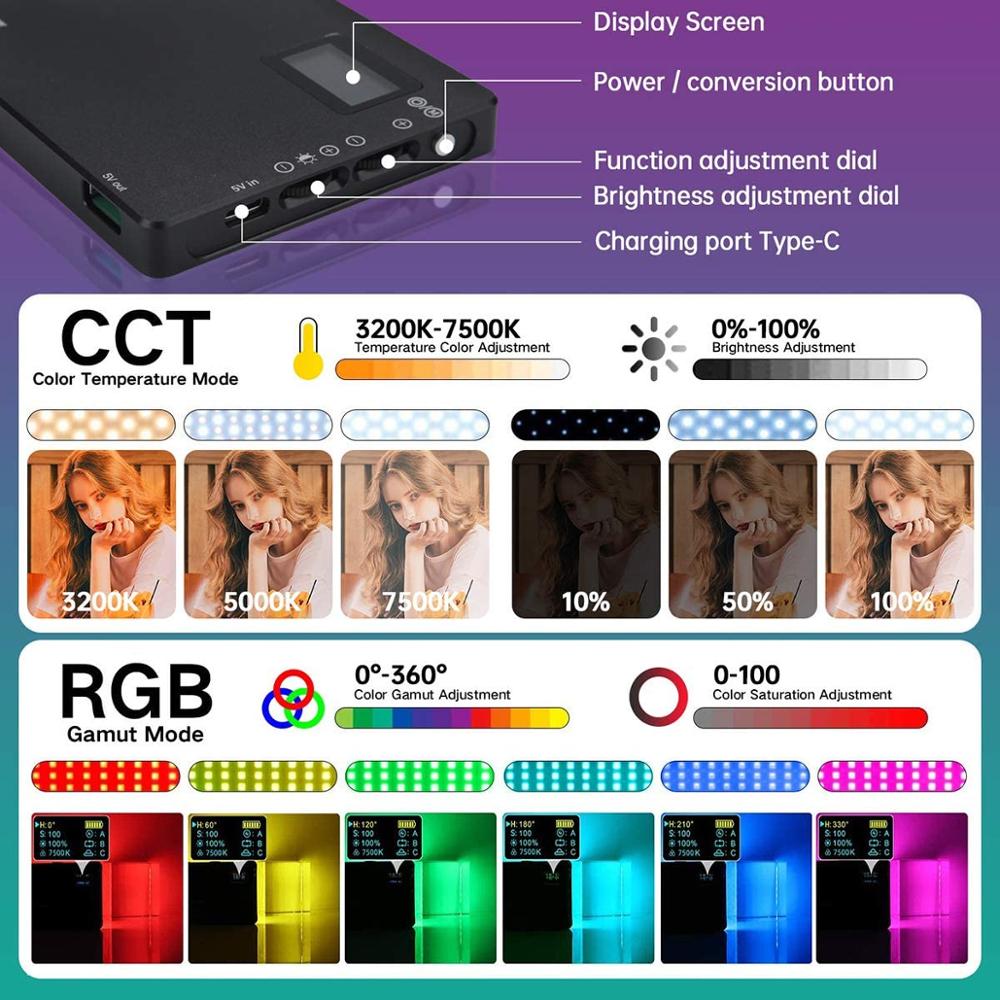 RGB Led Video Light CRI 96+ 360° Full Color 9 Lighting Effect 3200-7500K Adjustable 1-100% Stepless Dimming for Camera Photograp