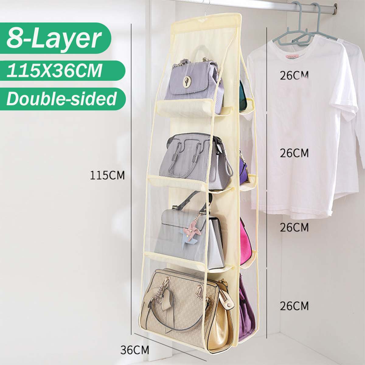 8 Pocket Handbag Storage Bag Purse Tote Bag Folding Hanging Clear Double-Sided Foldable Wardrobe Organizer Closet Hanger: Beige