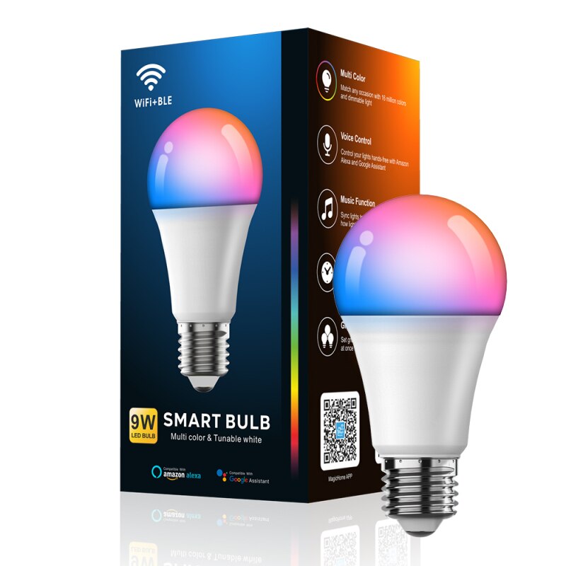 Smart Bulb 9W WiFi LED Light Lamp Corlorful Changing Magic RGB + White Dimmable Timer Function Work with Magic home Pro