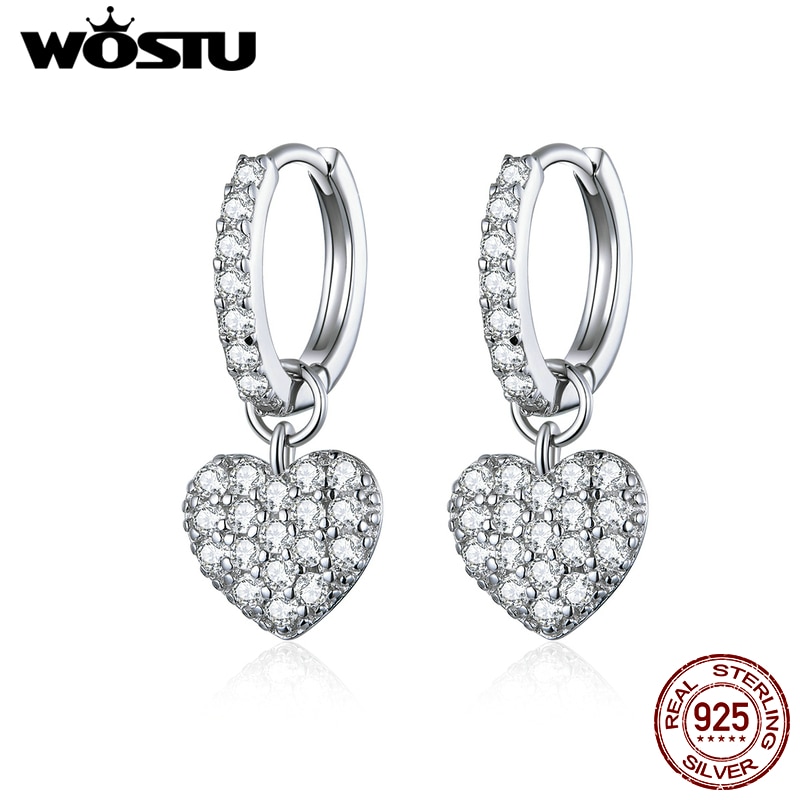 WOSTU Echtem 925 Sterling Silber Einzigartige Herz Tropfen Ohrringe Für Frauen brillant Zirkonia Baumelt Ohrringe Liebhaber Schmuck CQE821