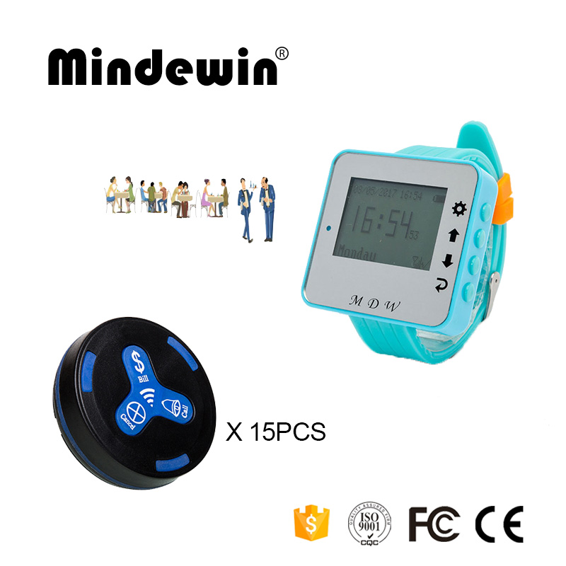 Mindewin 433MHz Draadloos Oproepsysteem 15PCS Tafel Belknop M-K-3 + 1 STUKS Horloge Pager M-W-1 Reataurant Draadloze pager Systeem: Black blue
