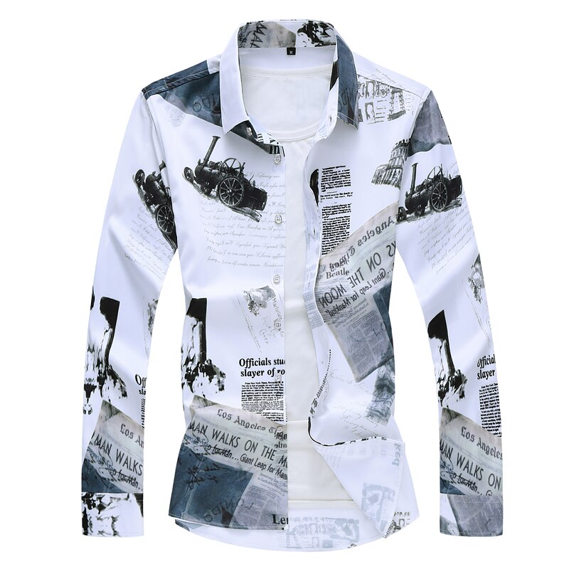 Forår efterår stor størrelse skjorte med tryk til mænd business casual klassisk bil mønster trykt langærmet skjorte digitalt tryk: Hvid / 5xl
