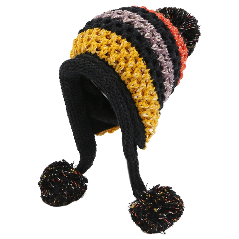 Sombrero de lana con personalidad para hombre y mujer, gorro de punto grueso, cálido e informal, a prueba de viento, Color a juego, tendencia al aire libre, Invierno: Black