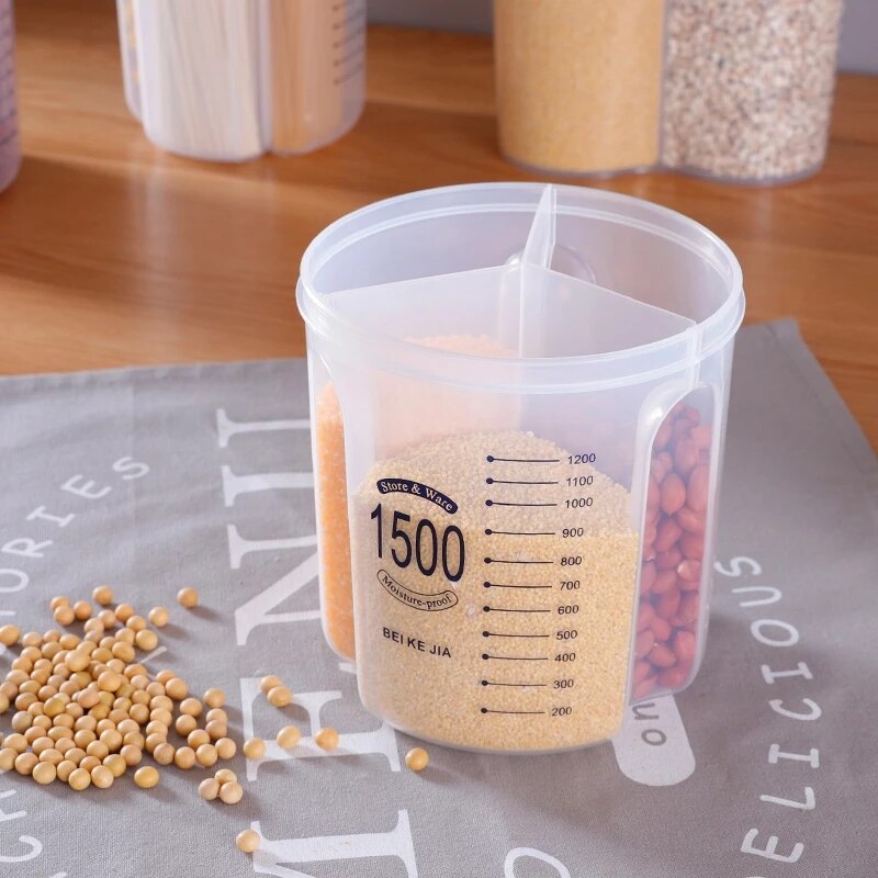 Cereal Storage Container Food Storage Box with Lid and Compartments Kitchen Grain Storage Tank Sealed Cans Transparent Organizer