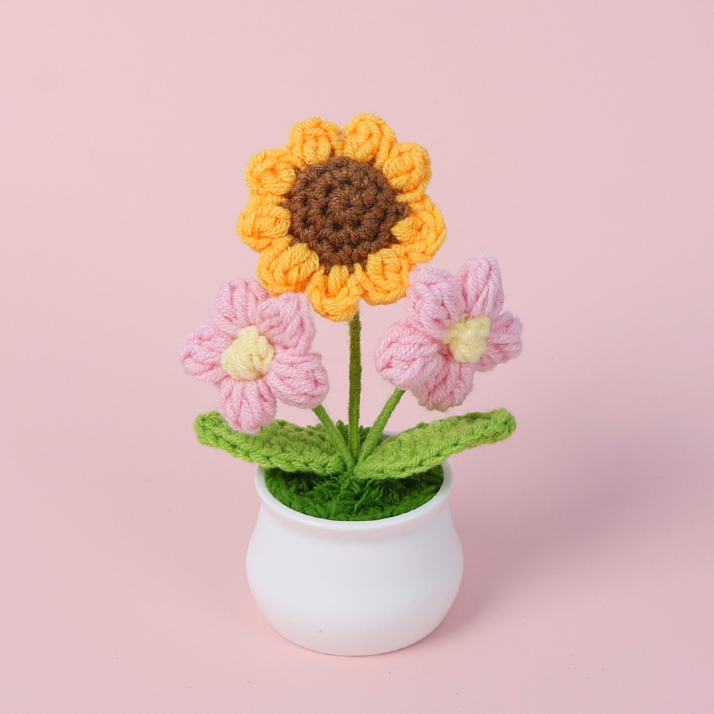 Strikket solsikke potte søt heklet gul blomst håndvevd plante bryllup skrivebordsdekor konfirmasjon flores heklet: Oransje