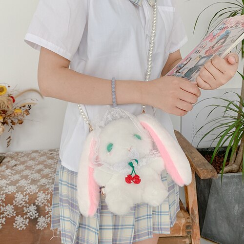 Bolso de conejo japonés Lolita para chica joven, bandolera suave con cadena de perlas, billetera: Green Eye