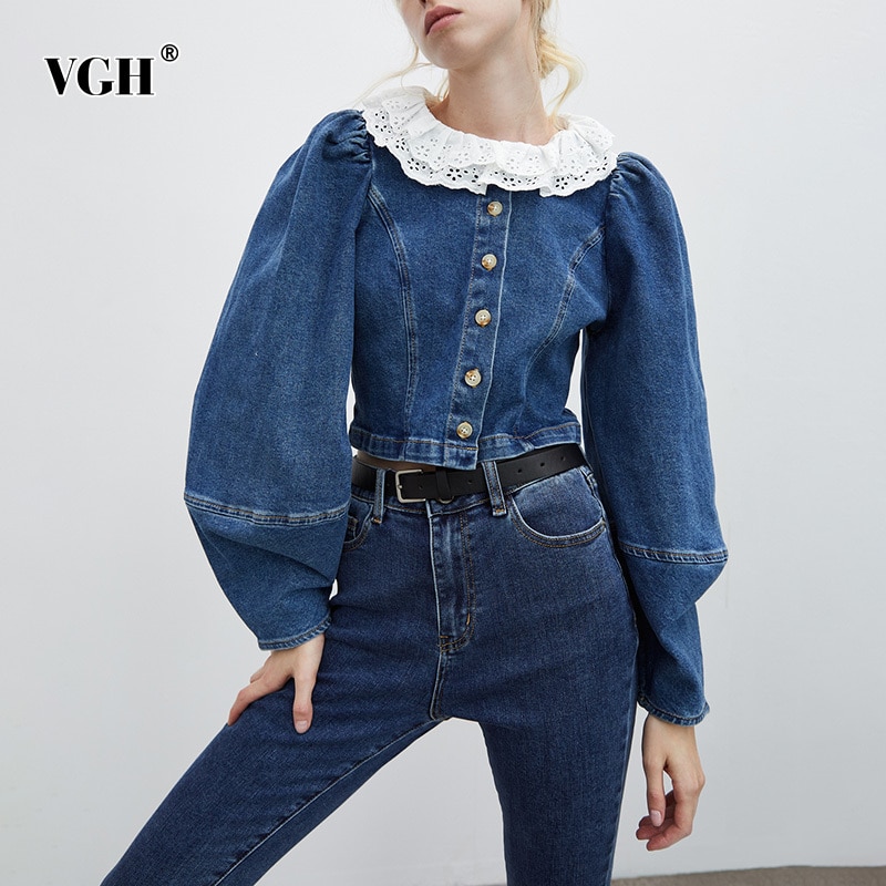 VGH-camisa de encaje Vintage para mujer, blusa vaquera informal con manga acampanada y cuello con volantes, Ropa nueva