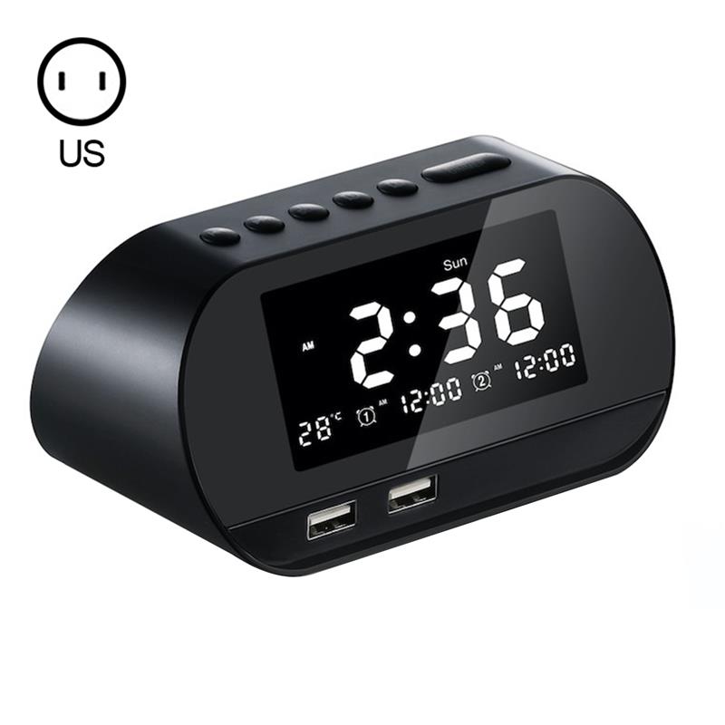 Dual USB Charging Alarm Clock Smart Wireless Radio LCD Calendar calendar Temperature Display for Bedroom Desktop: black US