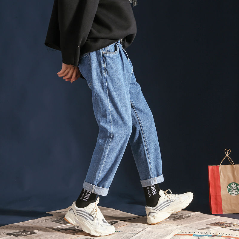 Vår sommar lediga lösa jeans herr retro koreanska trendiga studenter raka enfärgade breda ben casual cropped jeans