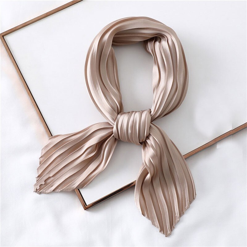 Silk Pleated Scarf Square Scarf For Women Small Scarves Soft Satin Neckerchief Decorative Headscarf Solid Hair Scarf Summer: Champagne