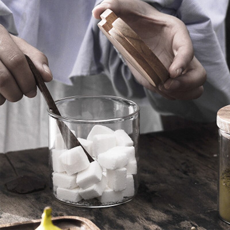 Seasoning box set Transparent glass seasoning jar three-piece kitchen wooden salt shaker sugar bowl with spoon base