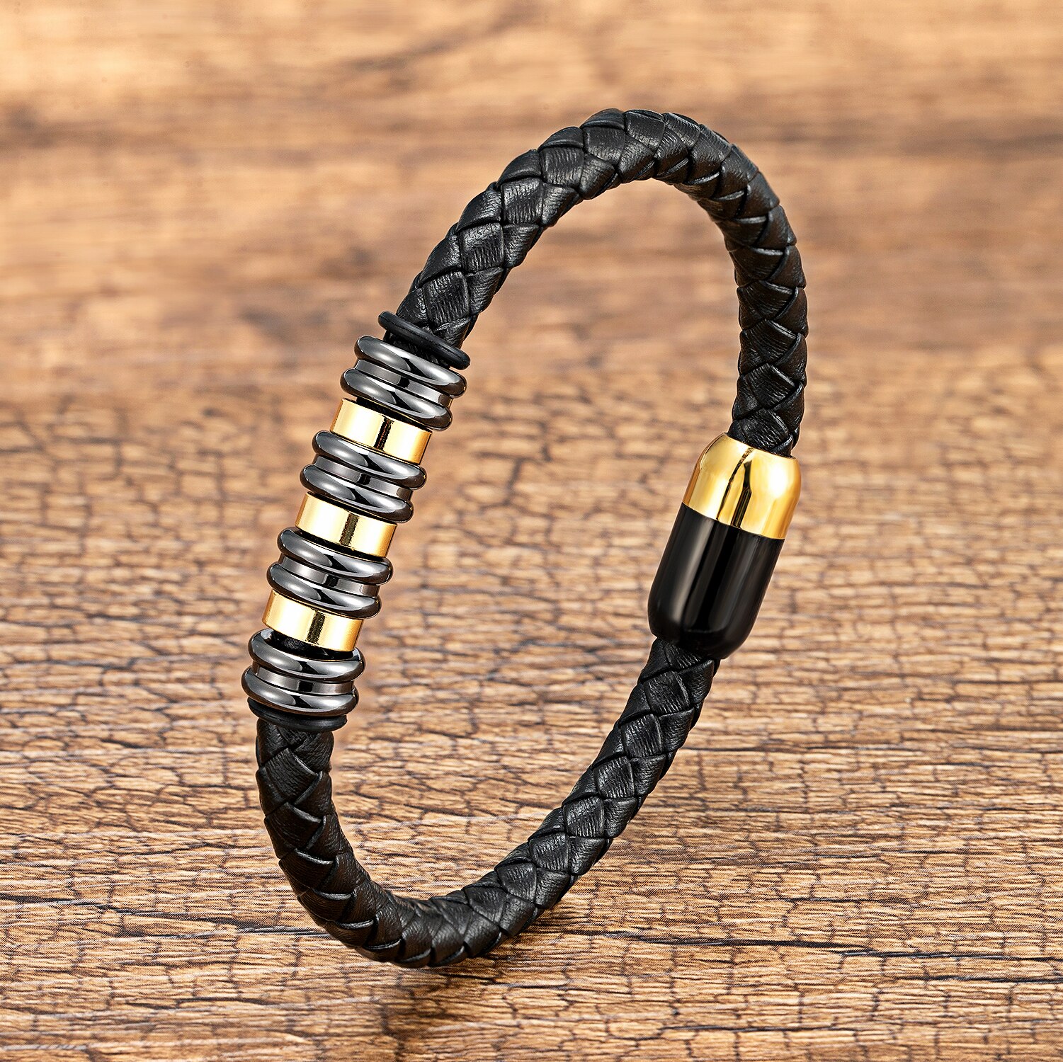 Yishucha Klassieke Stijl Eenvoudige Gevlochten Lederen Armbanden Voor Man Rvs Magnetische Armbanden Mode Mannen Sieraden: Gold-Black Metal / 21cm