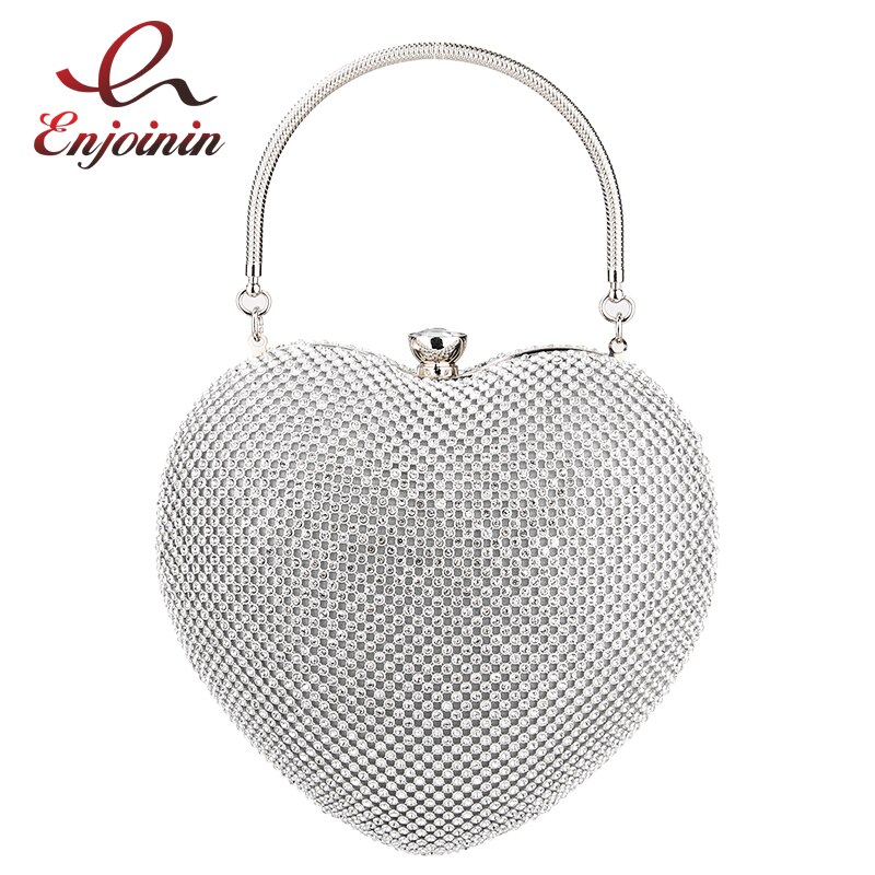 Luxe Diamant Hartvormige Zilveren Vrouwen Party Clutch Avondtasje Modeketen Portemonnees En Handtassen Crossbody Tas Huwelijk